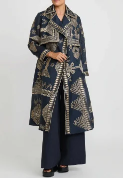 Biyan Silk Organza Embroidered Ratovina Light Trench Coat In Navy Blue