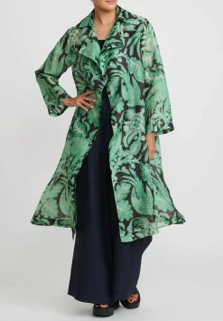Biyan Silk Organza Radila Print Coat In Burgundy & Green