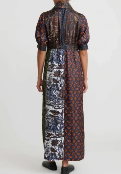 Biyan Silk Patchwork Print Midi Dress In Multicolor Navy Blue