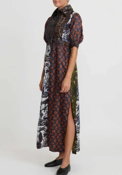 Biyan Silk Patchwork Print Midi Dress In Multicolor Navy Blue