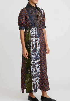 Biyan Silk Patchwork Print Midi Dress In Multicolor Navy Blue