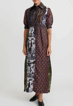 Biyan Silk Patchwork Print Midi Dress In Multicolor Navy Blue