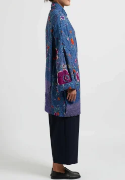 By Walid Silk Piano Shawl Basma Coat In Blue Purple Flowers