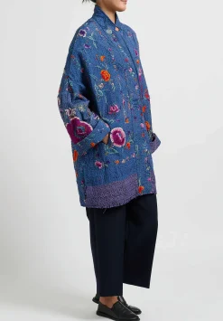 By Walid Silk Piano Shawl Basma Coat In Blue Purple Flowers