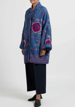 By Walid Silk Piano Shawl Basma Coat In Blue Purple Flowers