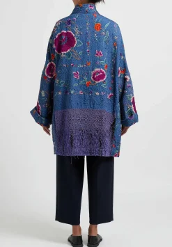 By Walid Silk Piano Shawl Basma Coat In Blue Purple Flowers