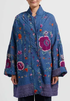By Walid Silk Piano Shawl Basma Coat In Blue Purple Flowers