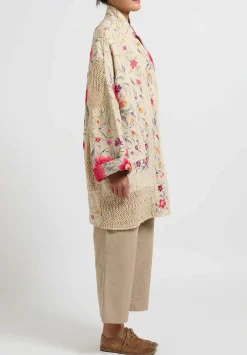 By Walid Silk Piano Shawl Basma Coat In Ivory & Pink Flowers