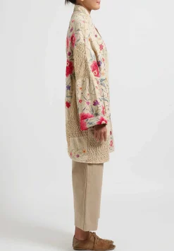 By Walid Silk Piano Shawl Basma Coat In Ivory & Pink Flowers