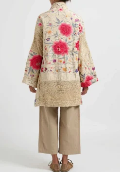 By Walid Silk Piano Shawl Basma Coat In Ivory & Pink Flowers