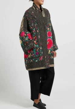By Walid Silk Piano Shawl Basma Coat In Black & Pink Flowers