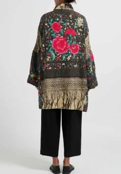 By Walid Silk Piano Shawl Basma Coat In Black & Pink Flowers