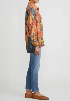 Bokja Silk Twill Blast Button Up Z Shirt In Orange & Blue