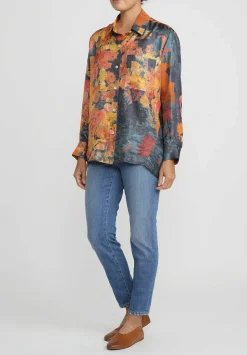 Bokja Silk Twill Blast Button Up Z Shirt In Orange & Blue