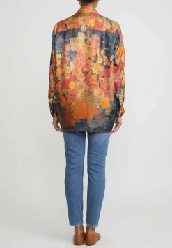 Bokja Silk Twill Blast Button Up Z Shirt In Orange & Blue