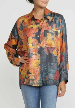 Bokja Silk Twill Blast Button Up Z Shirt In Orange & Blue