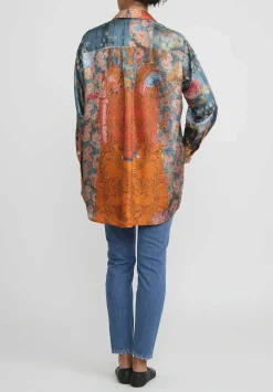 Bokja Silk Twill Regalia Button Up Z Shirt In Blue & Orange
