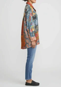 Bokja Silk Twill Regalia Button Up Z Shirt In Blue & Orange