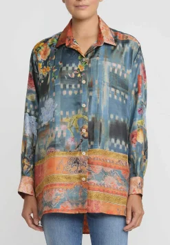 Bokja Silk Twill Regalia Button Up Z Shirt In Blue & Orange