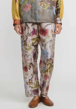 Bokja Silk Twill Riverside Print Toto Pants In Cream, Blue & Pink