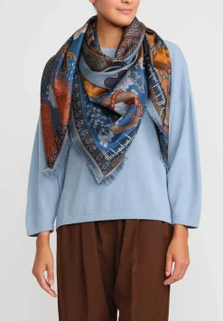 Sabina Savage Silk Twill The Snow Lion Scarf In Ice Blue & Fire