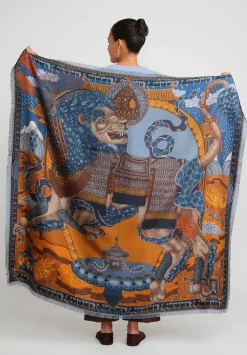 Sabina Savage Silk Twill The Snow Lion Scarf In Ice Blue & Fire