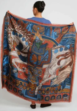 Sabina Savage Silk Twill The Wind Horse Scarf In Madder Red & Sky Blue