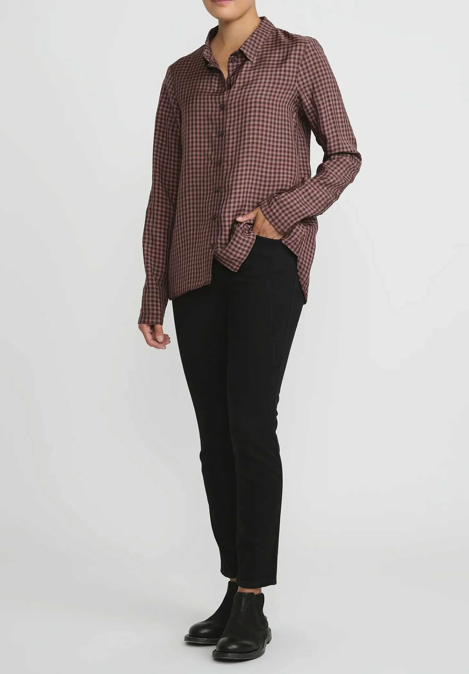 Rundholz Small Check Button-Up Shirt In Rust Brown & Pink