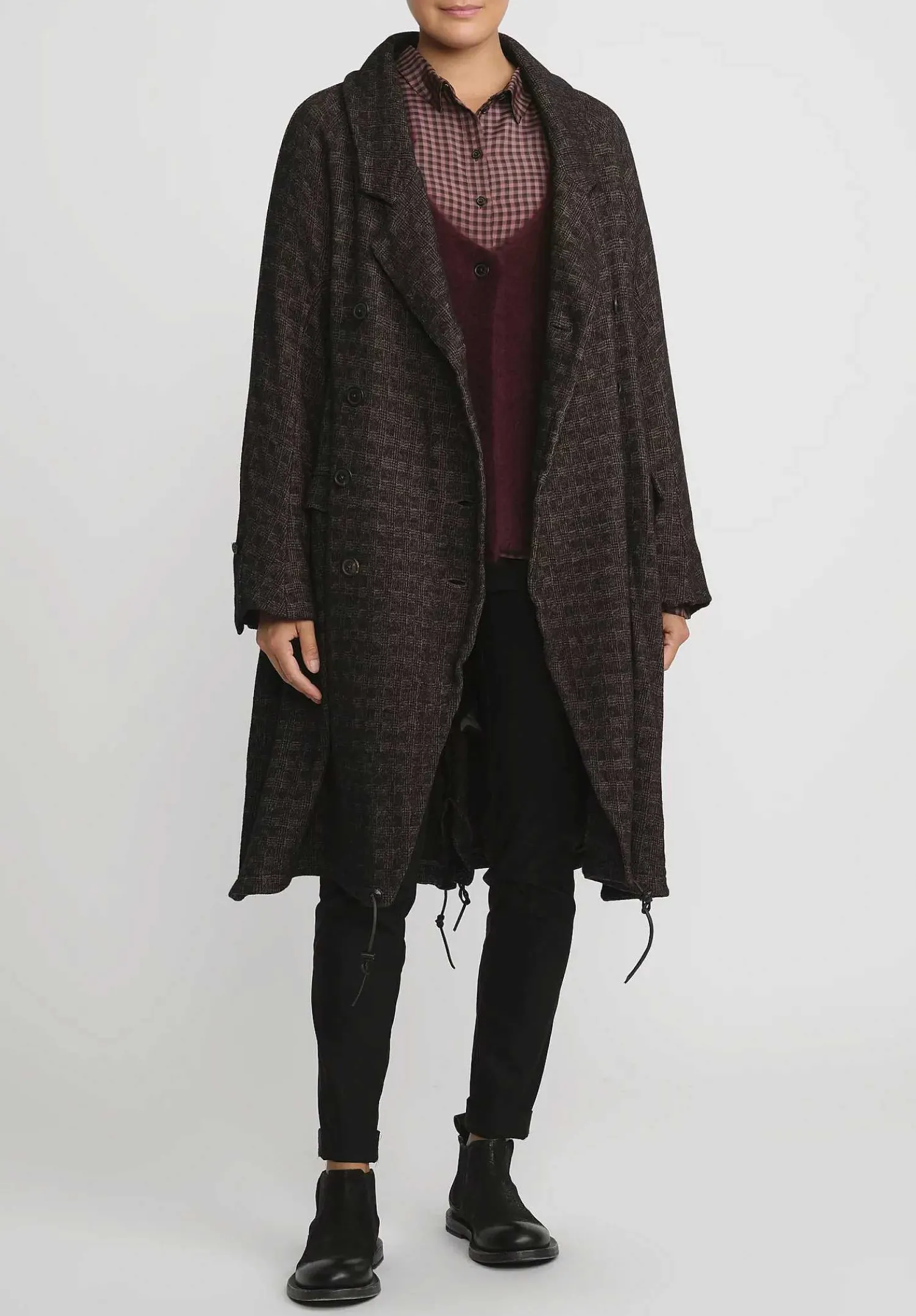 Rundholz Small Check Button-Up Shirt In Rust Brown & Pink
