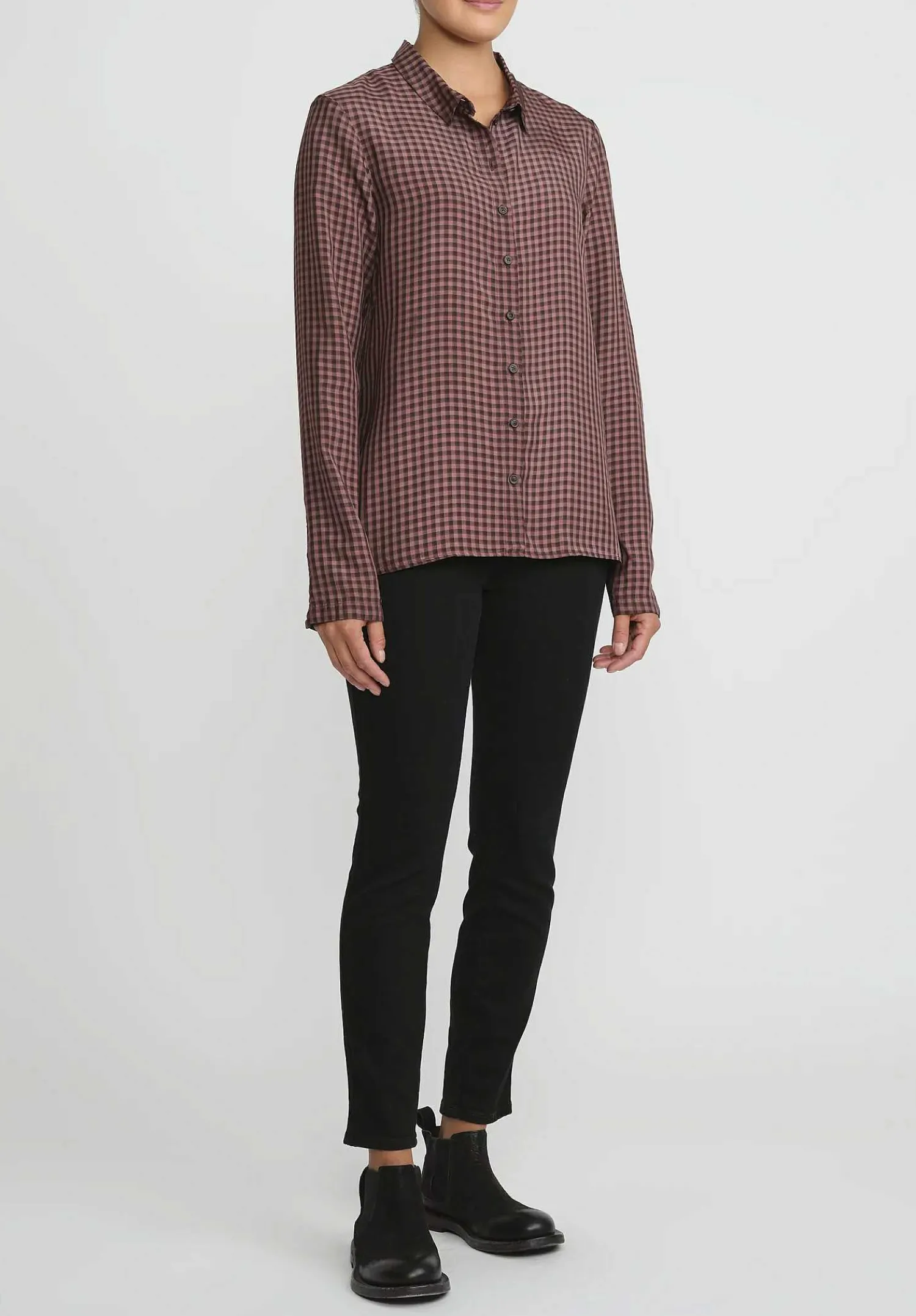 Rundholz Small Check Button-Up Shirt In Rust Brown & Pink