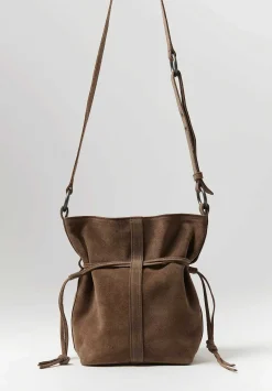 Corîu Suede Small Bucket Crossbody Bag In Taupe