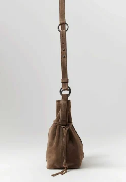 Corîu Suede Small Bucket Crossbody Bag In Taupe