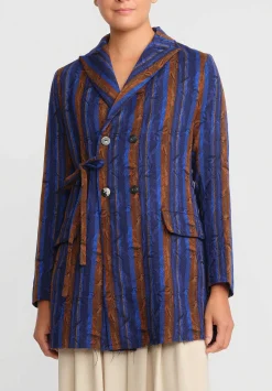 A Tentative Atelier Virgin Wool Jacquard Matilda Joslyn Drape Jacket In Royal Blue & Gold