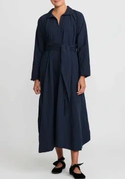 Daniela Gregis Washed Cotton Abito Spicchi Colletto Dress In Blue