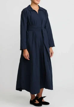 Daniela Gregis Washed Cotton Abito Spicchi Colletto Dress In Blue