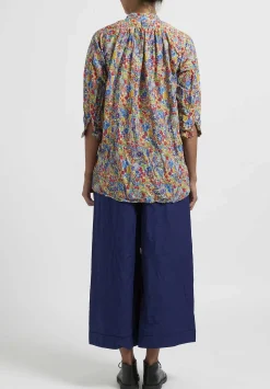 Daniela Gregis Washed Cotton Floral Kora Top In Blue, Red & Orange