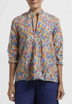 Daniela Gregis Washed Cotton Floral Kora Top In Blue, Red & Orange