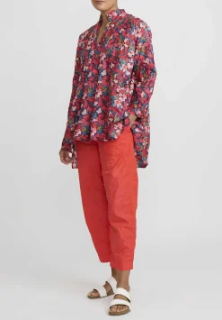 Daniela Gregis Washed Cotton Kora Top In Turquoise Blue & Pink Flowers