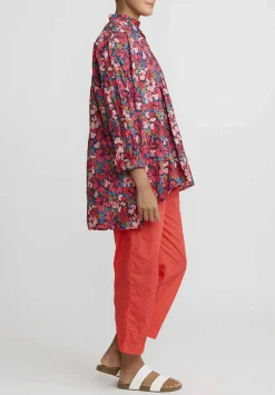 Daniela Gregis Washed Cotton Kora Top In Turquoise Blue & Pink Flowers