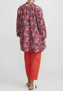 Daniela Gregis Washed Cotton Kora Top In Turquoise Blue & Pink Flowers