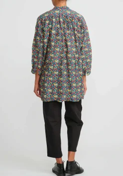 Daniela Gregis Washed Cotton Kora Top In Blue, Orange & Red Flowers