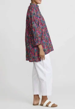 Daniela Gregis Washed Cotton Kora Top In Fuchsia Red Flowers