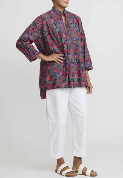 Daniela Gregis Washed Cotton Kora Top In Fuchsia Red Flowers