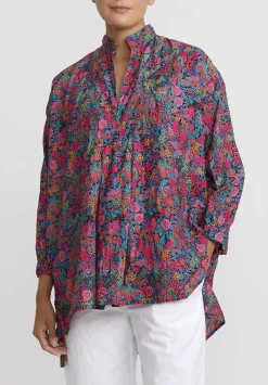 Daniela Gregis Washed Cotton Kora Top In Fuchsia Red Flowers
