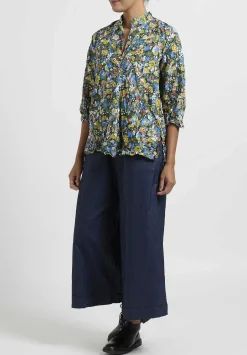Daniela Gregis Washed Cotton Kora Top In Fiori Verde Green & Blue