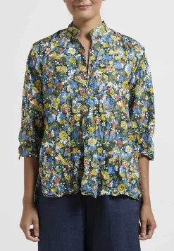 Daniela Gregis Washed Cotton Kora Top In Fiori Verde Green & Blue