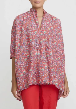 Daniela Gregis Washed Cotton Kora Top In Red Multicolor Floral