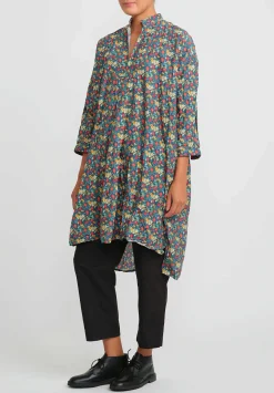 Daniela Gregis Washed Cotton Kora Tunic In Blue, Orange & Red Flowers