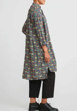 Daniela Gregis Washed Cotton Kora Tunic In Blue, Orange & Red Flowers