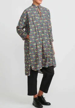 Daniela Gregis Washed Cotton Kora Tunic In Blue, Orange & Red Flowers